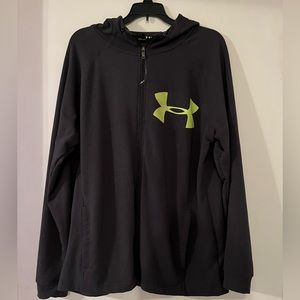 large grey and green under armour zip-up jacket with pockets.